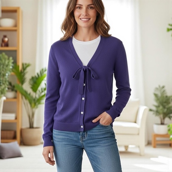 Lands' End Sweaters - Lands' End Womens Cardigan M Purple Bow Tie‎ Cotton Cashmere Blend Button Sweate